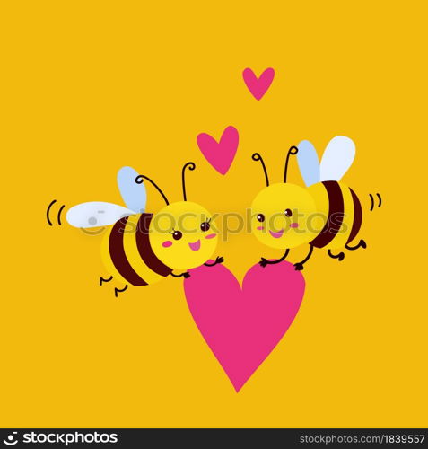 Vector Cute Bees in Love Isolated on White Background. Valentine Day Greeting Card. Cartoon Art.. Cute Bees in Love Isolated on White Background. Valentine Day Greeting Card. Cartoon Art. Vector Illustration.