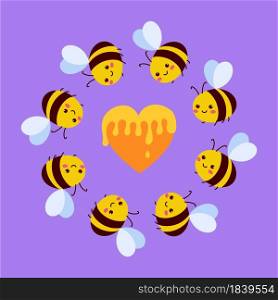 Vector Cute Bees with Heart Isolated on Violet Background. Valentine Day Greeting Card. Cartoon Art.. Cute Bees with Heart Isolated on Violet Background. Valentine Day Greeting Card. Cartoon Art. Vector Illustration.