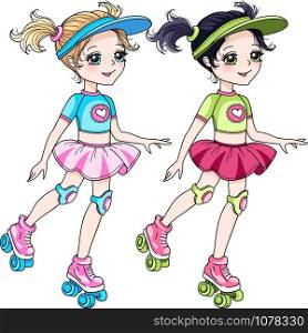 Vector cute blond and brunette baby girls in skirt rollerblading. Vector baby girls Roller Blading