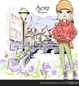 Vector cute blond girl in autumn clothes, headscarf and boots, jacket and jeans in Old Town of Annecy, France. Vector blond girl in Ancy