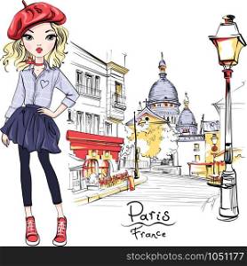 Vector cute blond girl in red beret on Place du Tertre near Sacre-Coeur, quarter Montmartre in Paris, France. Vector fashion girl in Paris