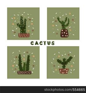 Vector cute cactus design set of banners. Hand drawn style houseplant compositions with lettering.