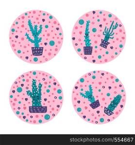 Vector cute cactus design set of round badges. Hand drawn style houseplant circle compositions.
