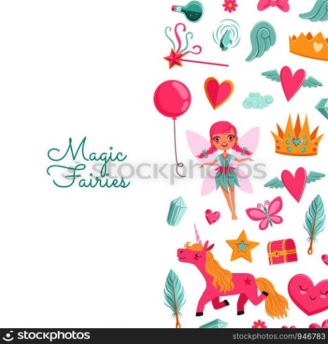 Vector cute cartoon magic and fairytale elements background with place for text illustration. Vector cute cartoon magic and fairytale elements background