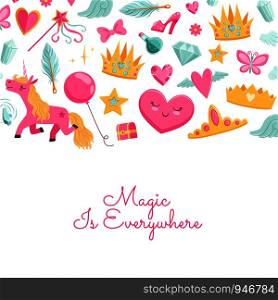 Vector cute cartoon magic and fairytale elements background with place for text illustration. Vector magic and fairytale elements