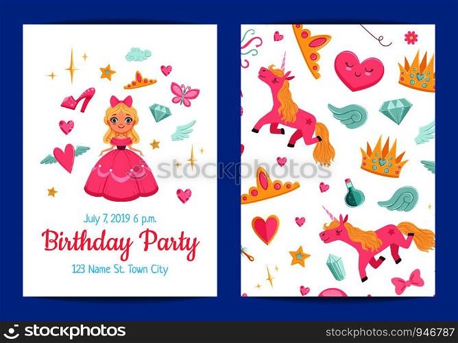 Vector cute cartoon magic and fairytale elements birthday party invitation template illustration. Vector magic and fairytale birthday party invitation illustration