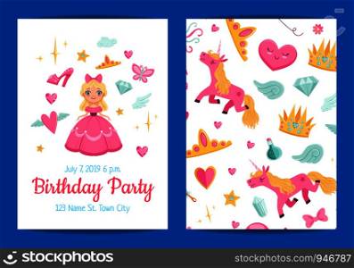 Vector cute cartoon magic and fairytale elements birthday party invitation template illustration. Vector magic and fairytale birthday party invitation illustration