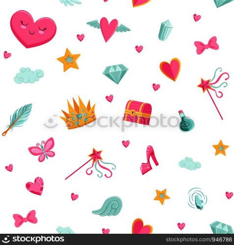 Vector cute cartoon magic and fairytale elements pattern or background illustration. Vector cute cartoon magic and fairytale pattern