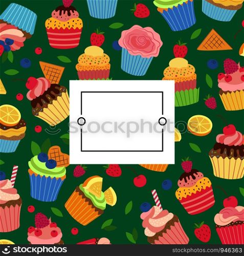 Vector cute cartoon muffins or cupcakes background or colored pattern with place for text illustration. Vector cute cartoon muffins or cupcakes background with place for text illustration