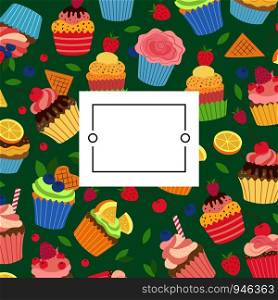 Vector cute cartoon muffins or cupcakes background or colored pattern with place for text illustration. Vector cute cartoon muffins or cupcakes background with place for text illustration