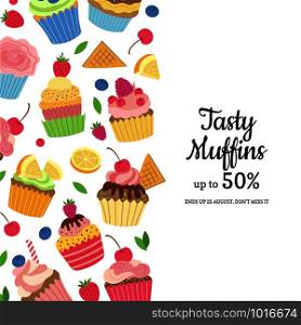 Vector cute cartoon muffins or cupcakes background with place for text illustration. Bakery card, sweet cupcake delicious. Vector cute cartoon muffins or cupcakes background with place for text illustration