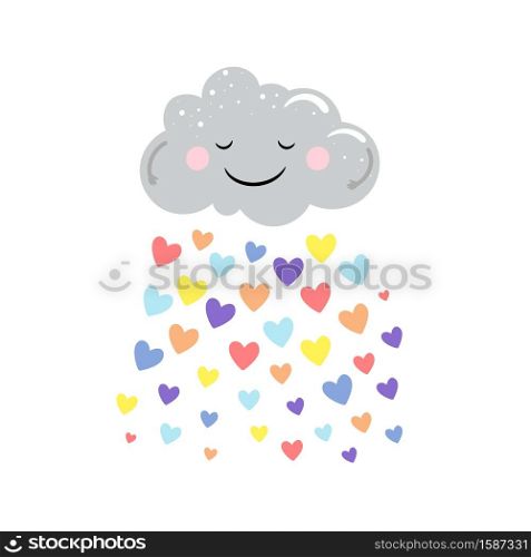 Vector cute cloud and rain of colored hearts isolated on white background. Cartoon print design rain heart, cloud smile graphic illustration. Vector cute cloud and rain of colored hearts isolated on white background. Cartoon print design