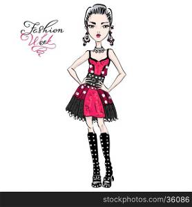 Vector cute fashion girl. Cute beautiful girl in red and black dress