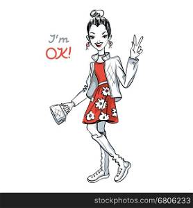 Vector cute fashionable girl. Cute beautiful girl in red dress in red dress and white jacket and boots