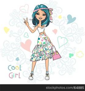 Vector cute fashionable girl. Cute beautiful girl in t-shirt and skirt, with a ribbon in his hair and pink bag