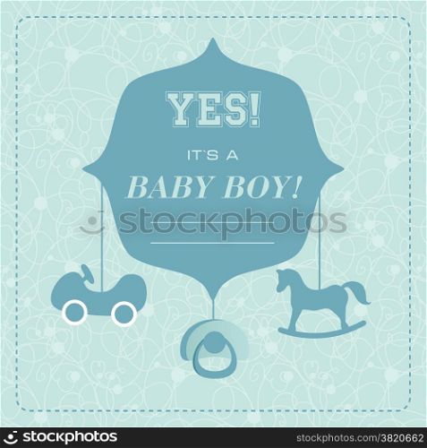 Vector cute greeting card. It&#39;s a boy card design. Vector illustration with cartoon horse, car,baby&#39;s dummy.