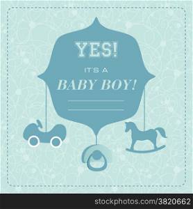 Vector cute greeting card. It&#39;s a boy card design. Vector illustration with cartoon horse, car,baby&#39;s dummy.