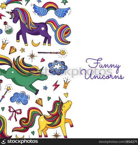 Vector cute hand drawn magic unicorns and stars background with place for text illustration. Banner and poster colored. Vector cute hand drawn magic unicorns and stars background with place for text illustration