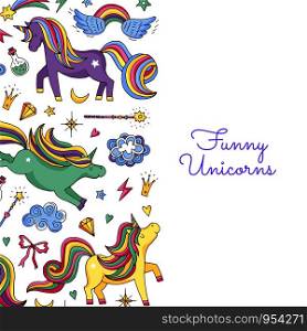 Vector cute hand drawn magic unicorns and stars background with place for text illustration. Banner and poster colored. Vector cute hand drawn magic unicorns and stars background with place for text illustration