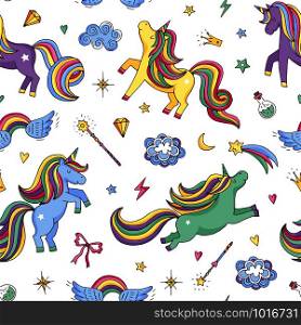 Vector cute hand drawn magic unicorns and stars pattern or background illustration. Unicorn and magic pony with horn. Vector cute hand drawn magic unicorns and stars pattern or background illustration