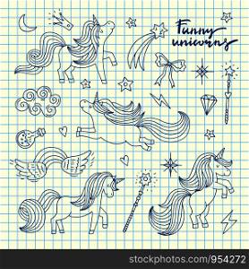 Vector cute hand drawn magic unicorns and stars set on blue cell sheet background illustration. Magic unicorn fairytale fantasy, doodle horse freehand. Vector cute hand drawn magic unicorns and stars set on blue cell sheet background illustration