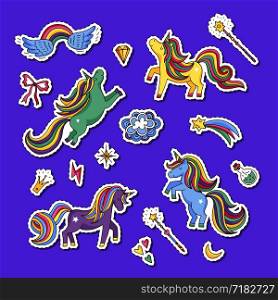 Vector cute hand drawn magic unicorns and stars stickers set illustration. Unicorn and rainbow sticker badge. Vector cute hand drawn magic unicorns and stars stickers set illustration