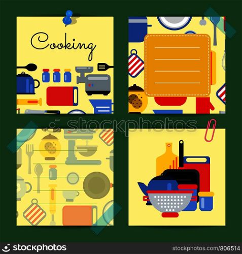 Vector cute notes set with flat style kitchen utensils illustration. Vector set with kitchen utensils