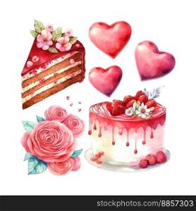 Vector cute objects and elements for Valentine&rsquo;s Day cards: heart, sweets, coffee, cake, key, candy, letter, diamond, rose, lollipop, ice cream cart. Vector cute objects and elements for Valentine&rsquo;s Day cards: flowers, heart, sweets, cake, key, candy, rose, lollipop, ice cream cart