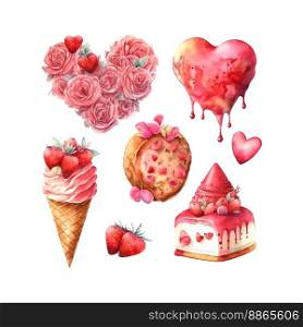 Vector cute objects and elements for Valentine&rsquo;s Day cards: heart, sweets, coffee, cake, key, candy, letter, diamond, rose, lollipop, ice cream cart. Vector cute objects and elements for Valentine&rsquo;s Day cards: flowers, heart, sweets, cake, key, candy, rose, lollipop, ice cream cart