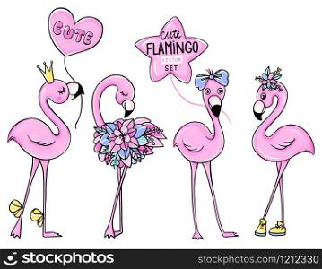 Vector cute Pink flamingos set with crown and flowers. Summer illustration. Tropical bird isolated on white background. Fashion animals. Can used for print design, greeting card, baby shower.. Vector cute Pink flamingos set with crown and flowers.