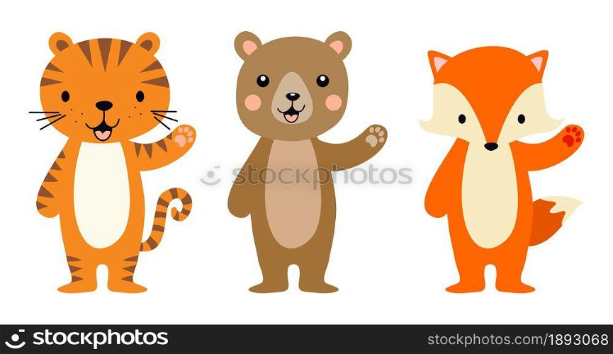 vector cute tiger, bear and fox animal characters isolated on white background. tiger, bear and fox greeting.icons. baby animal cartoon characters