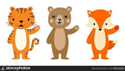 vector cute tiger, bear and fox animal characters isolated on white background. tiger, bear and fox greeting.icons. baby animal cartoon characters