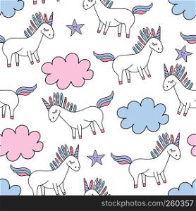 Vector cute unicorn silhoette with stars and clouds. Girly seamless pattern for textile, print, web design.. Magic cute unicorn background with stars. Vector seamless pattern