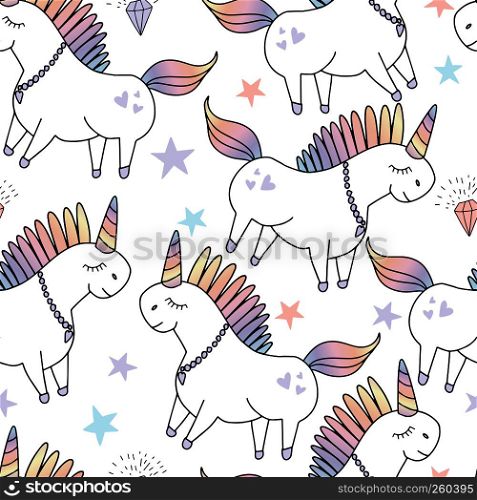 Vector cute unicorn silhoette with stars and clouds. Girly seamless pattern for textile, print, web design.. Magic cute unicorn background with stars. Vector seamless pattern