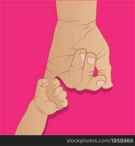 vector Dad and kid hands on pink. Male and children hands closeup,on pink background. Family, trust, protecting, care, parenting, parenthood concept.