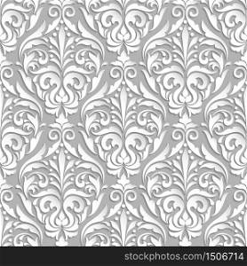 Vector damask seamless pattern background. Elegant luxury texture for wallpapers, backgrounds and page fill. 3D elements with shadows and highlights. Paper cut.