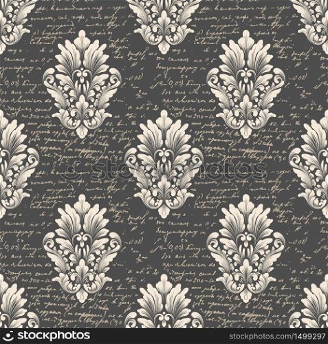 Vector damask seamless pattern background with ancient text. Classical luxury old fashioned damask ornament, royal victorian seamless texture for wallpapers, textile. Exquisite floral baroque template.. Vector damask seamless pattern background with ancient text. Classical luxury old fashioned damask ornament, royal victorian seamless texture for wallpapers, textile. Exquisite floral baroque template