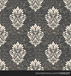 Vector damask seamless pattern background with ancient text. Classical luxury old fashioned damask ornament, royal victorian seamless texture for wallpapers, textile. Exquisite floral baroque template.. Vector damask seamless pattern background with ancient text. Classical luxury old fashioned damask ornament, royal victorian seamless texture for wallpapers, textile. Exquisite floral baroque template