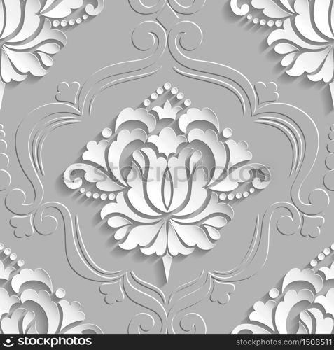 Vector damask seamless pattern element. Elegant luxury texture for wallpapers, backgrounds and page fill. 3D elements with shadows and highlights. Paper cut.