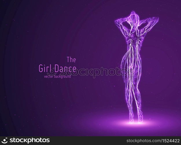 Vector dancing girl constructed with violet lines and glowing particles. Elegant slow dancing pose. Concept of woman beauty in petite dance motion. Intricated femine silhouette in a club. Vector dancing girl constructed with violet lines and glowing particles. Elegant slow dancing pose. Concept of woman beauty in petite dance motion. Intricated femine silhouette in a club.
