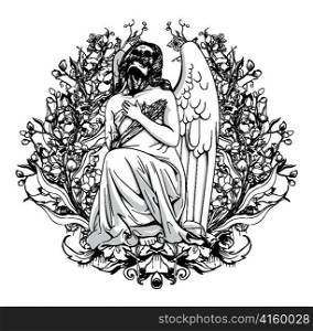 vector dark angel with floral vintage illustration