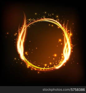 Vector Dark background with shiny round frame with flame. Dark background with shiny round frame with flame