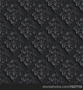 Vector dark damask seamless pattern background. Elegant luxury texture for wallpapers, backgrounds and page fill. 3D elements with shadows and highlights. Paper cut.
