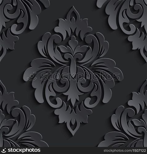 Vector dark damask seamless pattern element. Elegant luxury texture for wallpapers, backgrounds and page fill. 3D elements with shadows and highlights. Paper cut.