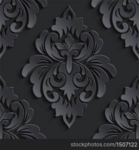 Vector dark damask seamless pattern element. Elegant luxury texture for wallpapers, backgrounds and page fill. 3D elements with shadows and highlights. Paper cut.