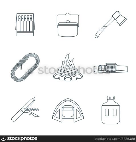 vector dark gray color outline various camping icons set white background&#xA;