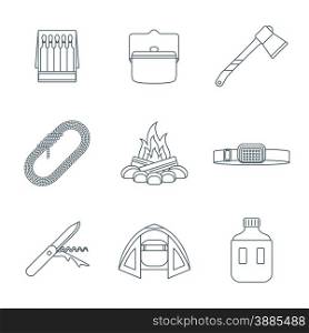 vector dark gray color outline various camping icons set white background&#xA;