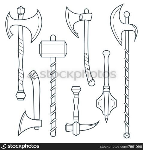 vector dark gray outline cold medieval weapons set with ax axe hammer mace halberd battle poleax&#xA;