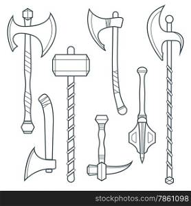 vector dark gray outline cold medieval weapons set with ax axe hammer mace halberd battle poleax&#xA;