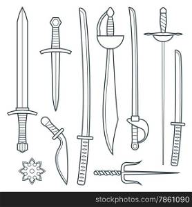vector dark gray outline cold medieval weapons set with sword falchion glaive steel dagger dirk whiner saber saber sword katana bokken trident sai shrunken star&#xA;
